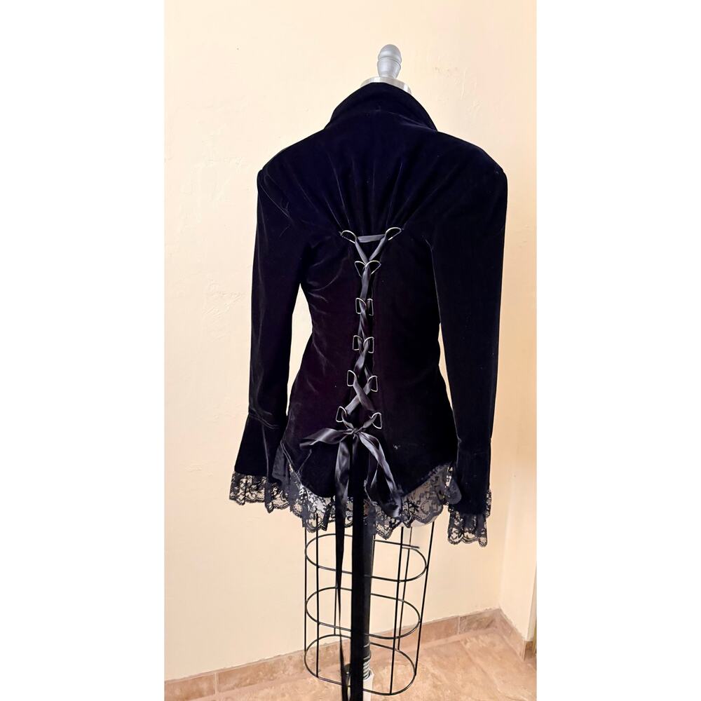 Chic Star Black Velvet Lace Trim Corset Back Whimsy Gothic Blazer Jacket M - Picture 5 of 10